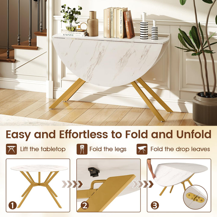 Giantex Folding Dining Table for 4-6 People 47" Round Drop Leaf Table with Metal Frame