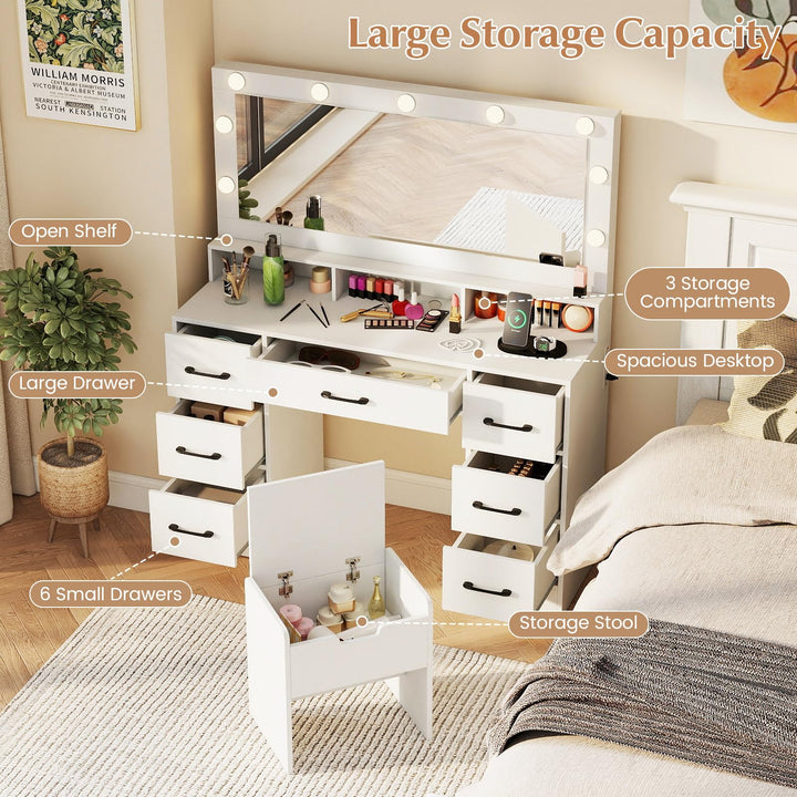 CHARMAID 46.5" Large Modern Dressing Table with Chair for Bedroom