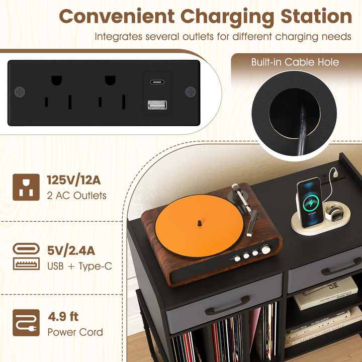Giantex Large Record Player Stand with Charging Station Mid Century Modern Vinyl Storage Cabinet