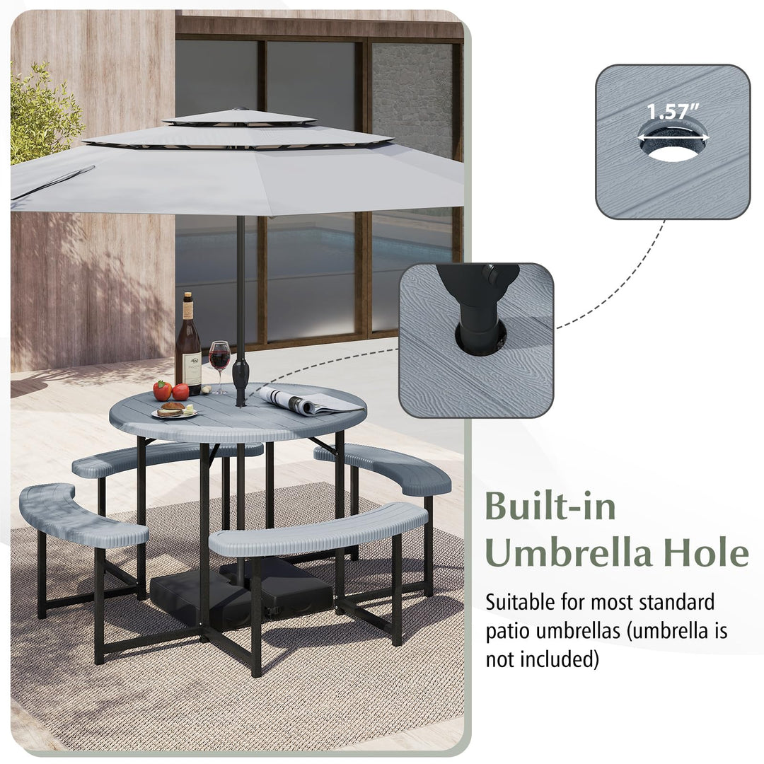 Giantex Round Picnic Table Bench Set with 4 Benches and Umbrella Hole for Patio Lawn