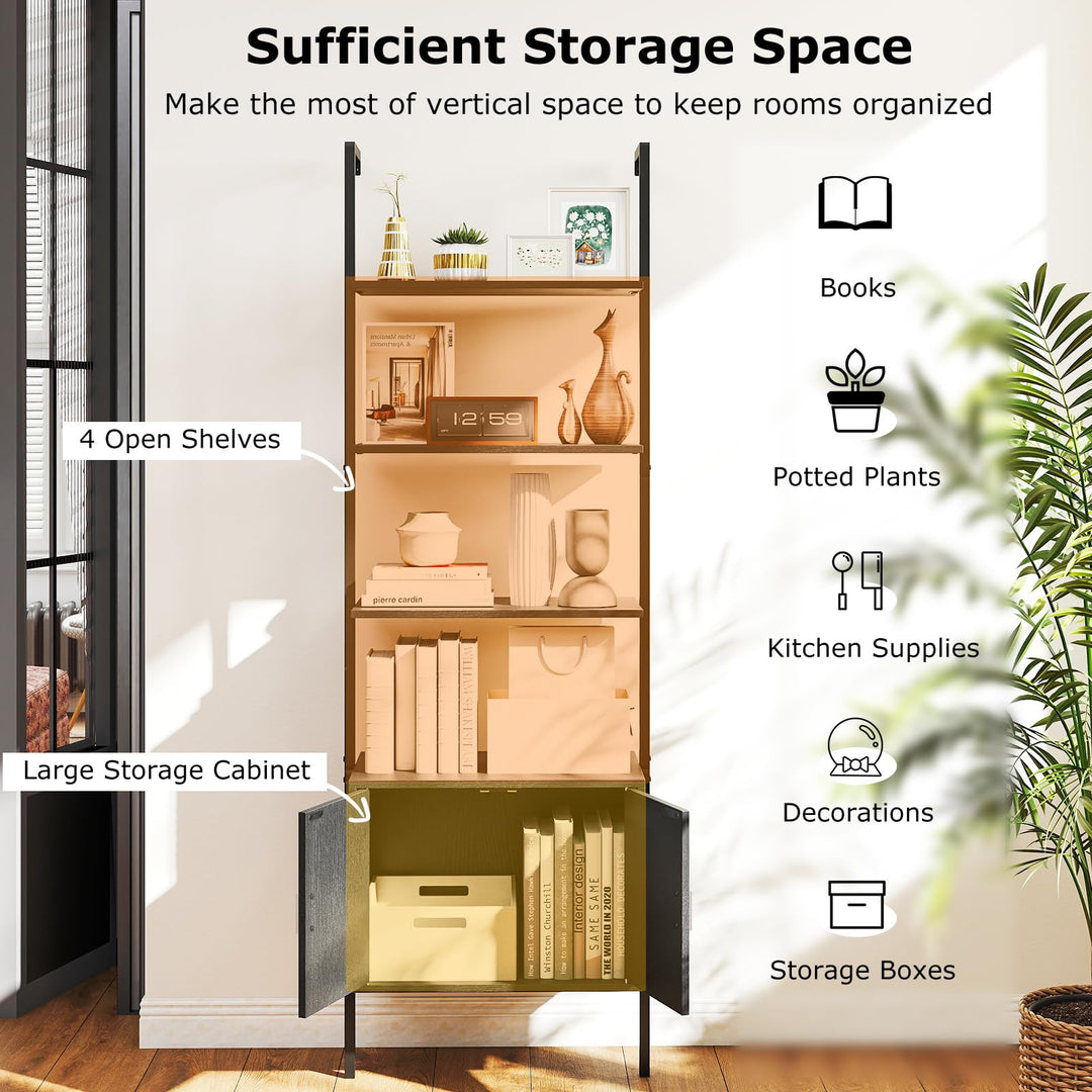 Giantex 5-Tier Wall-Mounted Ladder Shelf 72.5" Tall Bookshelf w/ 2-Door Cabinet