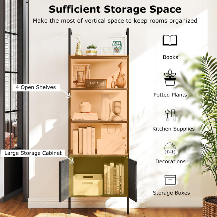 Giantex 5-Tier Wall-Mounted Ladder Shelf 72.5" Tall Bookshelf w/ 2-Door Cabinet