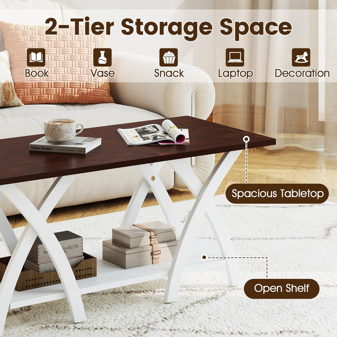 40 Inch Farmhouse Wooden 2-Tier Coffee Table with Storage Shelf for Living Room