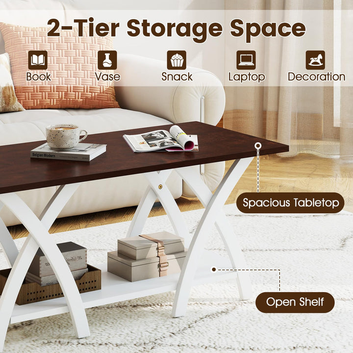 40 Inch Farmhouse Wooden 2-Tier Coffee Table with Storage Shelf for Living Room