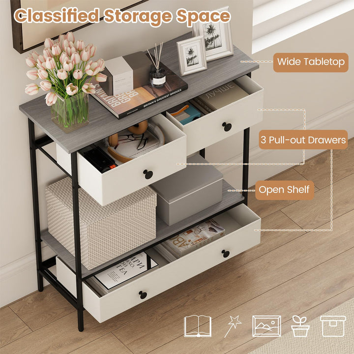 Giantex Farmhouse Console Table 32” Entryway Table with 3 Fabric Drawers &amp; Open Storage Shelf