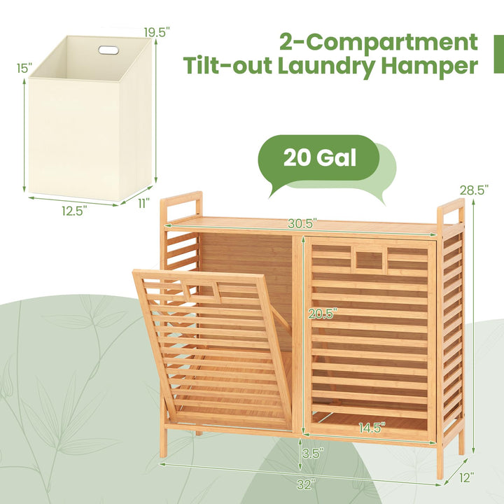 Giantex 20 Gal Bamboo Tilt Out Laundry Hamper with 2 Removable &amp; Foldable Fabric Bins