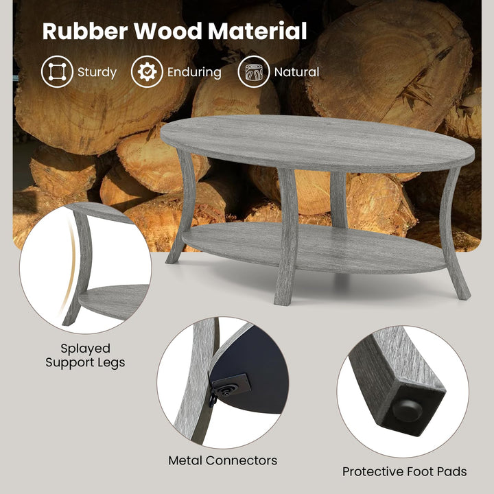 Giantex 44 Inch Oval Coffee Table 2-Tier Center Table with Storage Shelf &amp; Rubber Wood Frame
