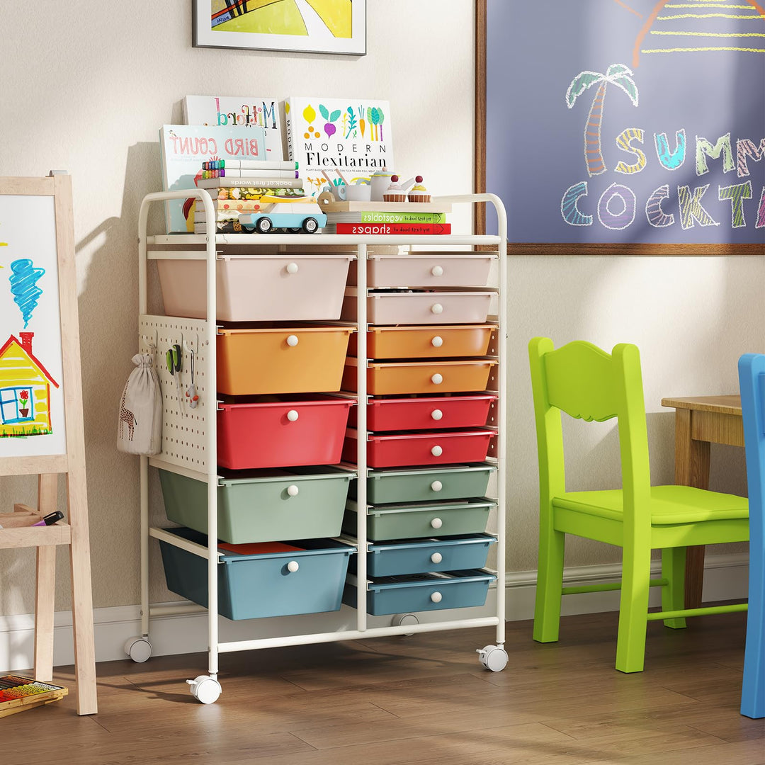 Giantex 15 Drawer Storage Cart | Rolling Craft Cart with Metal Tabletop &amp; Pegboard
