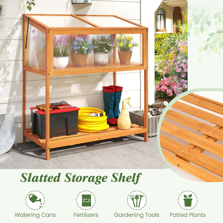 Giantex Wood Cold Frame Greenhouse with Transparent Openable Roof &amp; Slatted Shelf