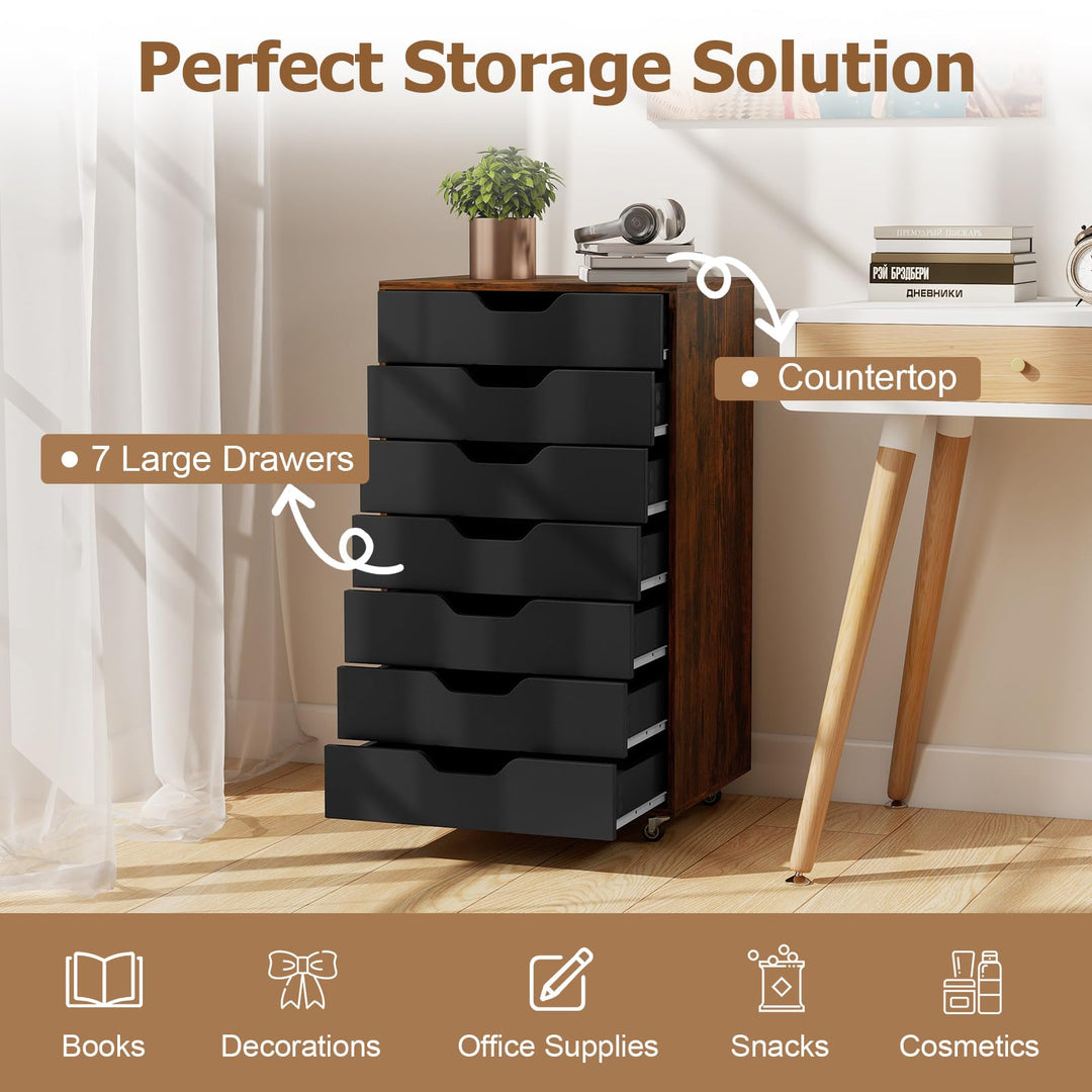 Giantex 7-Drawer Chest Wooden Storage Dresser with Lockable Wheels