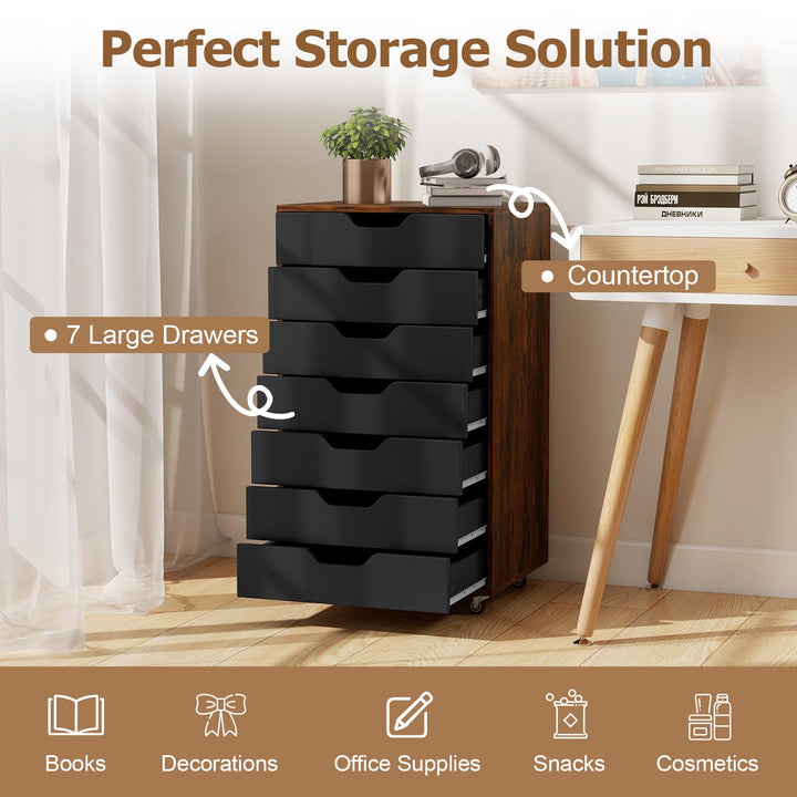 Giantex 7-Drawer Chest Wooden Storage Dresser with Lockable Wheels