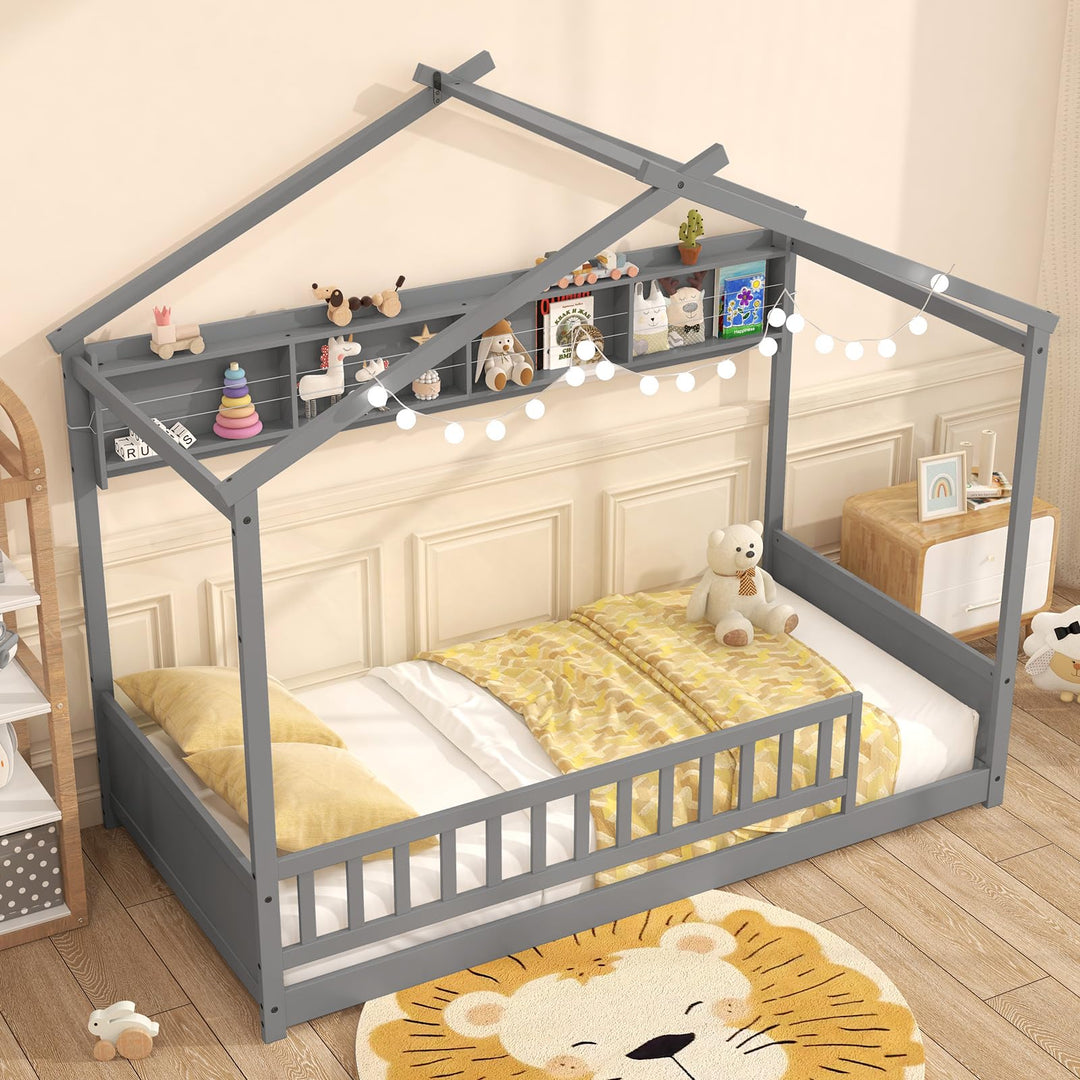 Giantex Twin Floor House Bed with Storage Shelf, Wood Twin Bed Frames with Headboard &amp; Guardrail
