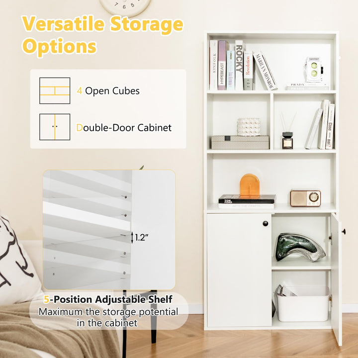 Giantex 3-Tier Bookcase with Doors, 61" Tall Bookshelf with 4 Open Cubes &amp; Adjustable Shelf, White