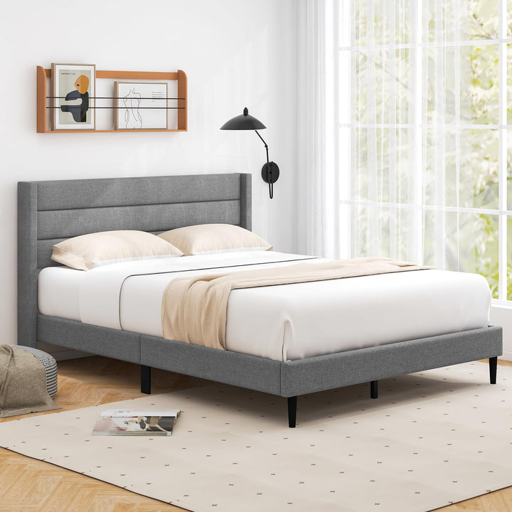 Giantex Queen/Twin Size Bed Frame, Modern Linen Upholstered Platform Bed with Wingback Headboard