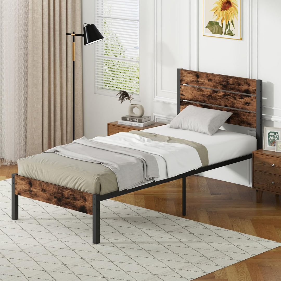 Giantex King/Queen/Full/Twin Size Metal Platform Bed Frame, Industrial Bed Frames with Wood Headboard