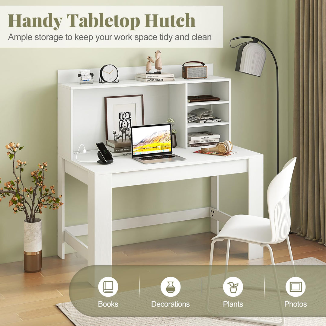 Giantex Computer Desk with Hutch, Modern Home Office Desk with Power Outlets, Storage Shelves &amp; Cable Hole