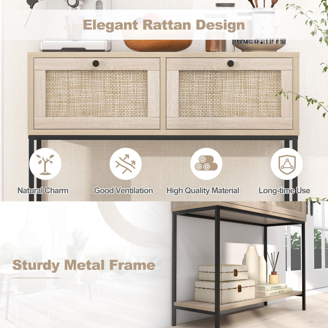 Giantex Console Table with Rattan Drawers - 31.5" Entryway Table w/ 2 Drawers &amp; Open Storage Shelf