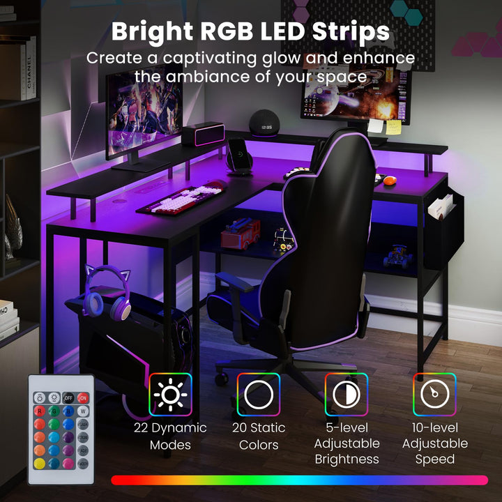 Giantex L Shaped Desk with LED Light &amp; Power Outlets Ergonomic Home Office Desk
