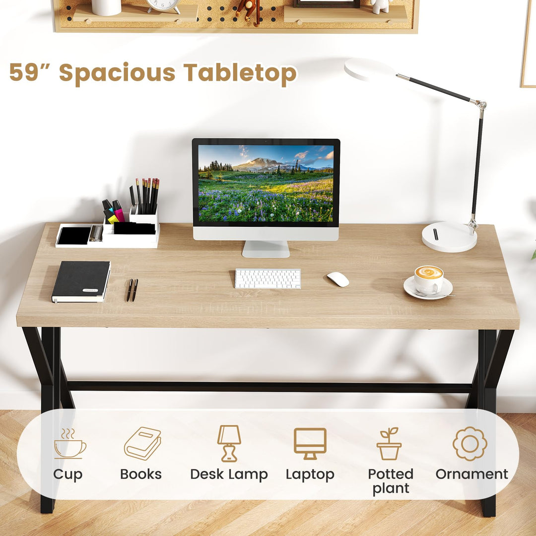 Giantex Large Computer Desk 59" Industrial Home Office Desk with Z-Shaped Metal Leg &amp; Crossbar