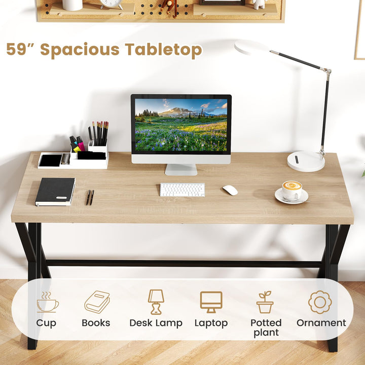 Giantex Large Computer Desk 59" Industrial Home Office Desk with Z-Shaped Metal Leg &amp; Crossbar