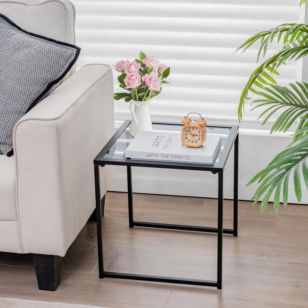 Giantex Outdoor 17” Square Table - Patio Tempered Glass End Table Side Table with Metal Frame