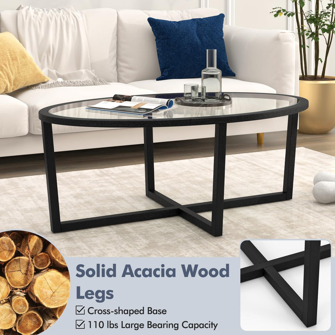 Giantex Glass Coffee Table, 46.5" Oval Accent Sofa Tea Table with Tempered Glass Top, Cross Base &amp; Acacia Wood Legs