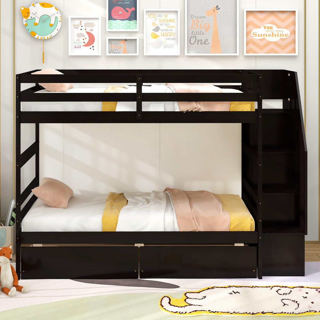 Giantex Bunk Bed Twin Over Twin with Storage Stairs &amp; Drawers, Solid Wood Bunk Bed with Full-Length Guardrails
