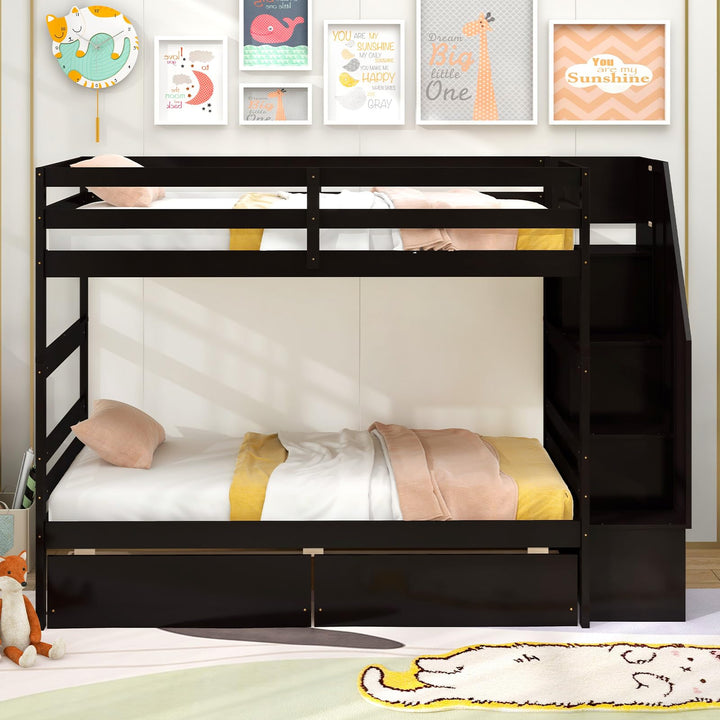 Giantex Bunk Bed Twin Over Twin with Storage Stairs &amp; Drawers, Solid Wood Bunk Bed with Full-Length Guardrails