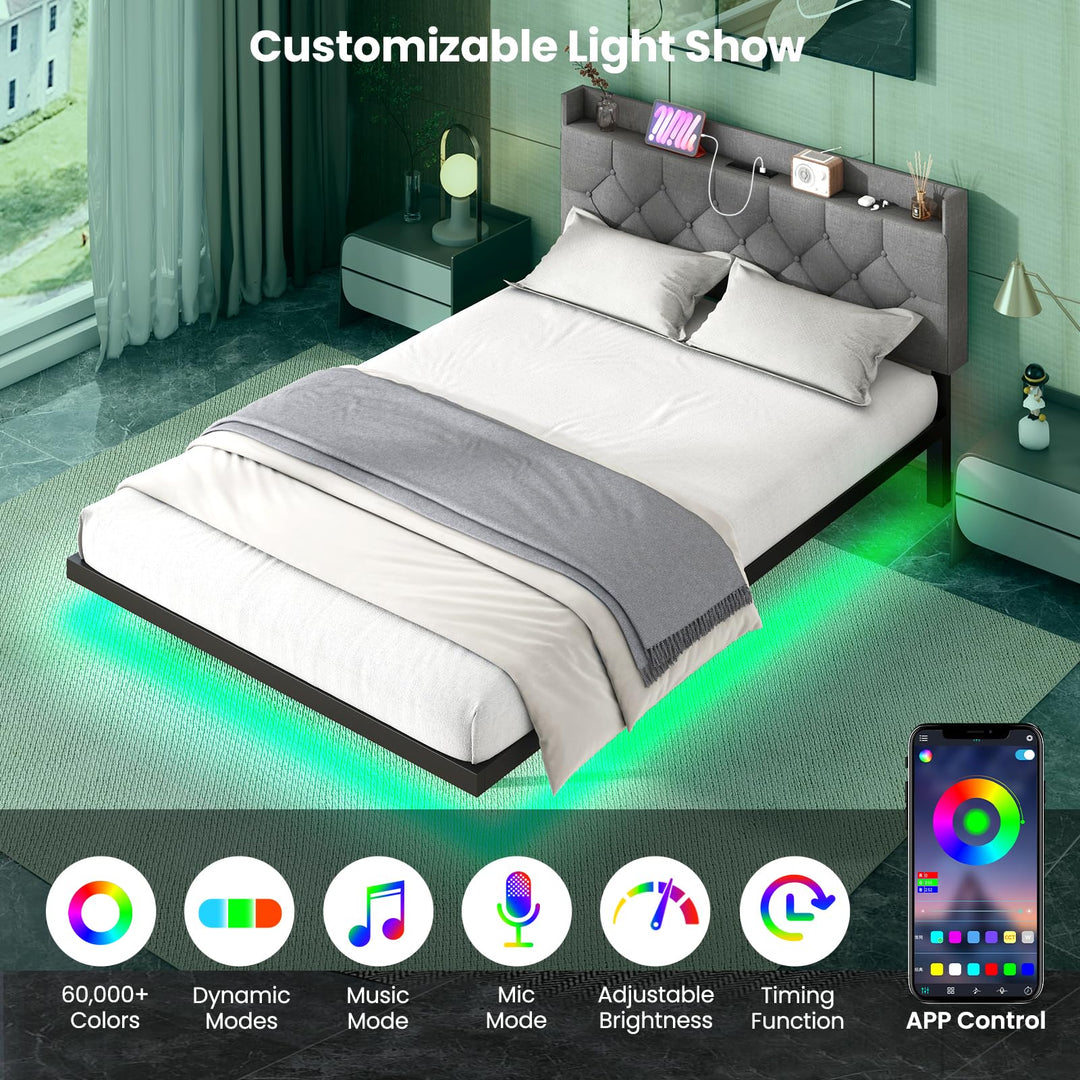 Giantex Queen/Full Size Floating Bed Frame with LED Lights, Modern Platform Bed with Adjustable Upholstered Headboard &amp; Charging Station