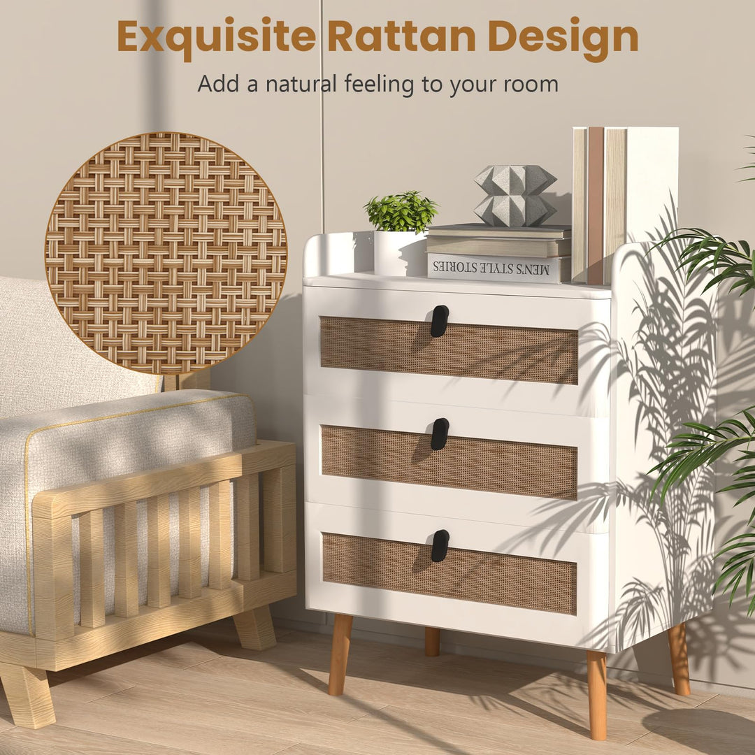 Giantex Rattan Nightstand, Boho 2/3-Drawer Dresser with 4 Solid Wood Legs