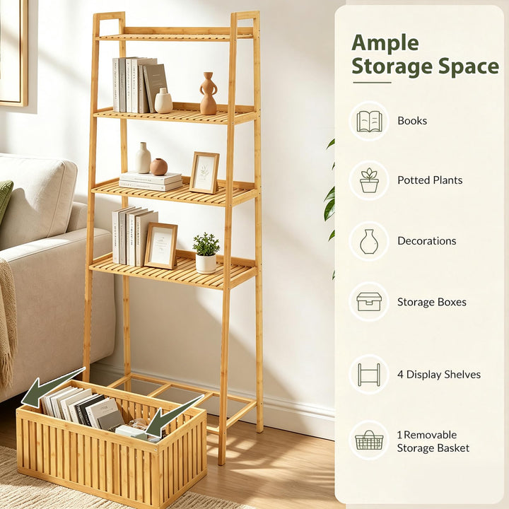 GIANTEX 66" 5-Tier Bamboo Plant Stand Ladder Shelf with Storage Basket