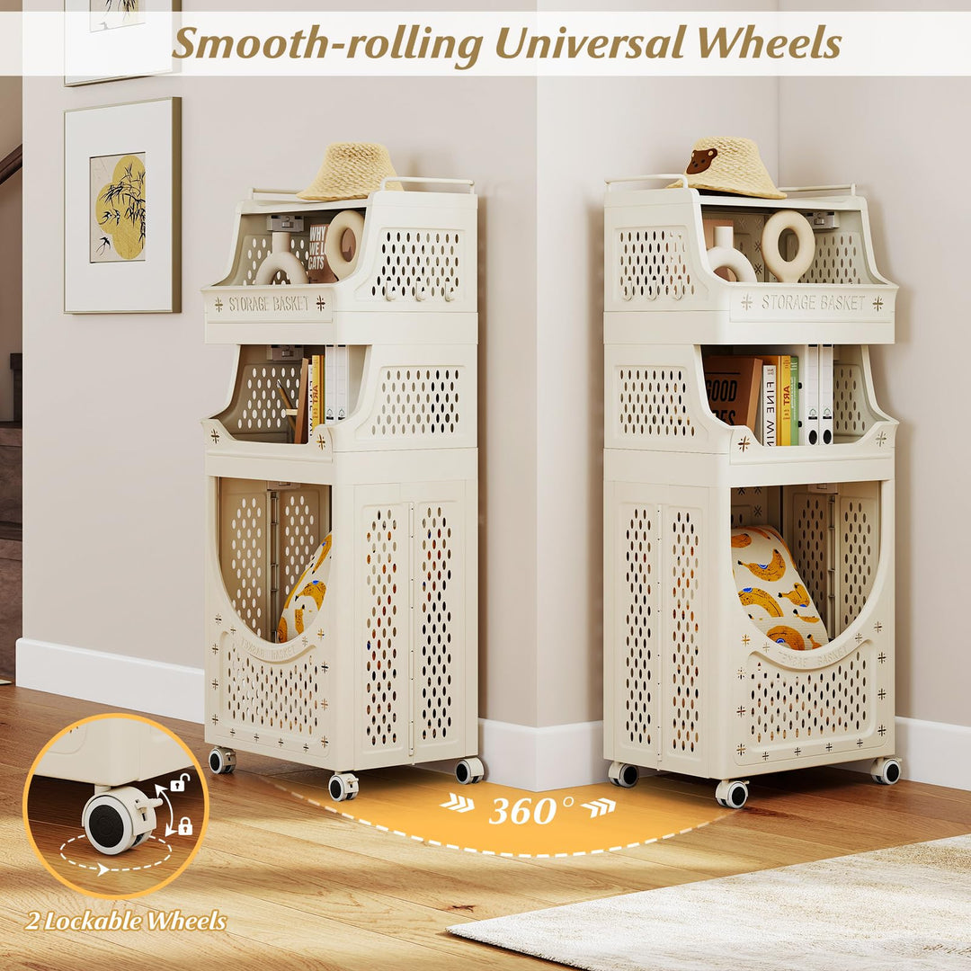 Giantex 4-Tier Rolling Laundry Cart with Wheels Folding Laundry Basket with 3 Baskets