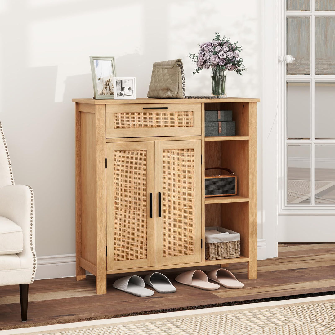 Giantex Buffet Cabinet with 2 Doors, Drawer 3 Open Cubbies Adjustable Shelf (Natural)