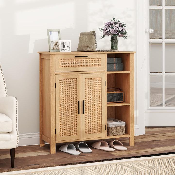 Giantex Buffet Cabinet with 2 Doors, Drawer 3 Open Cubbies Adjustable Shelf (Natural)
