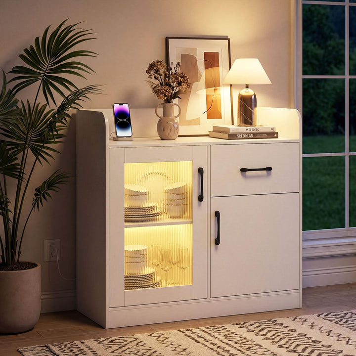 Giantex RGB LED Buffet Sideboard | White Kitchen Storage Cabinet with Charging Station