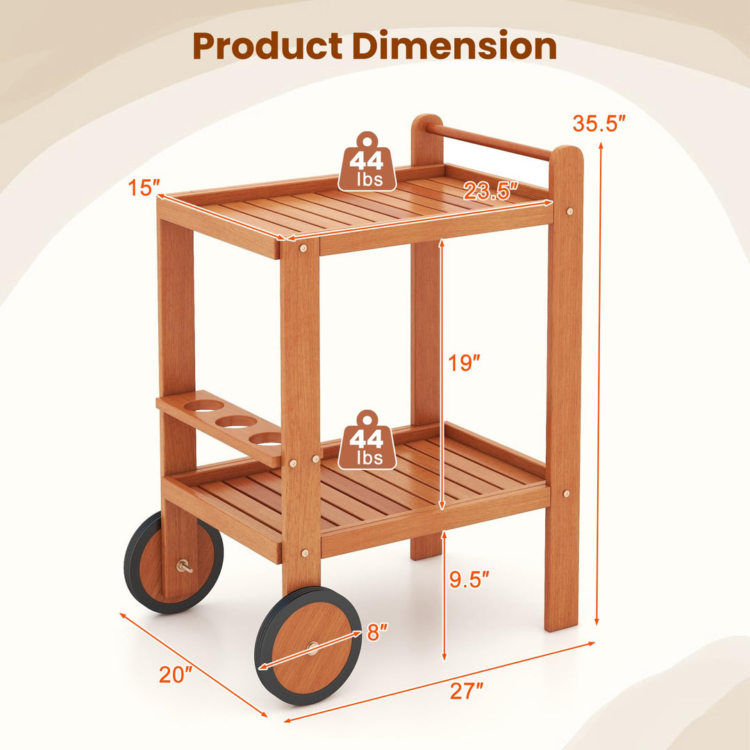 Giantex Wood Bar Cart, 2 Tier Side Table with Large Wheels &amp; Wine Bottle Rack