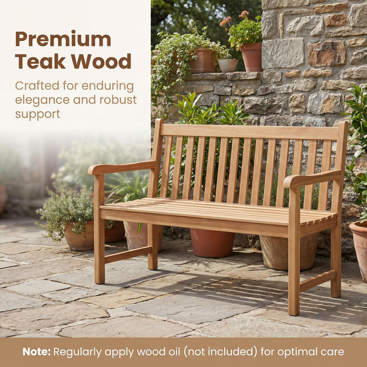 GIANTEX 51" Teak Wood 2-Person Patio Bench with Armrests