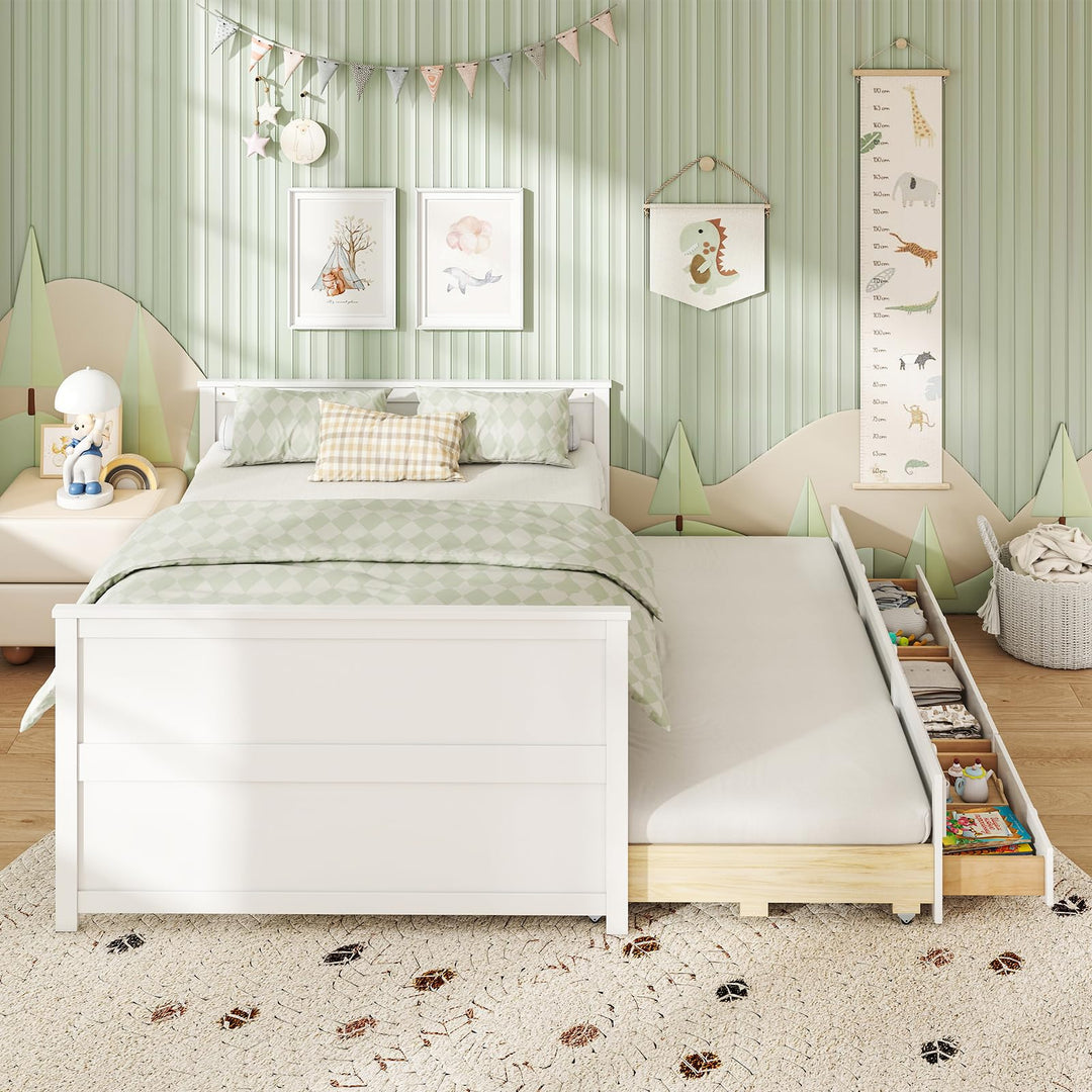 Giantex Full Size Bed Frame with Twin Trundle &amp; 3 Storage Drawers