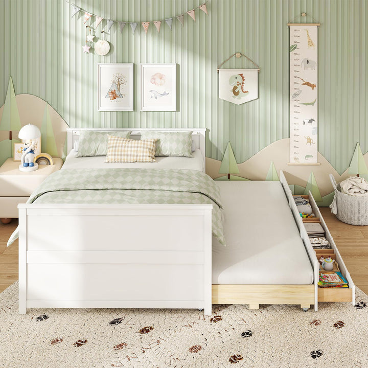 Giantex Full Size Bed Frame with Twin Trundle &amp; 3 Storage Drawers