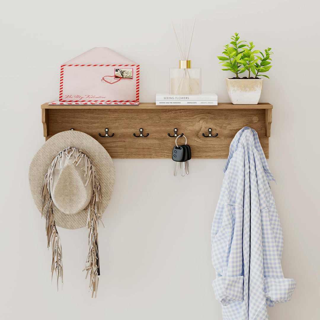 Giantex Wall-Mounted Storage Shelf | 31.5" Wooden Hanging Coat Rack with 6 Hooks