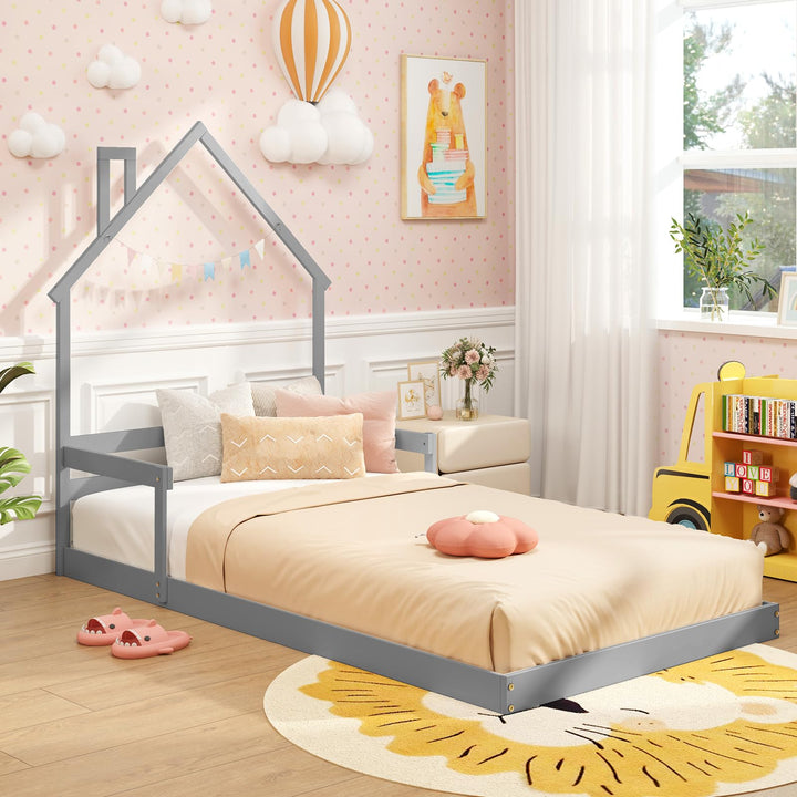 Giantex Twin Floor Bed for Kids, Wood Montessori Floor Bed with Chimney Headboard &amp; Handrail