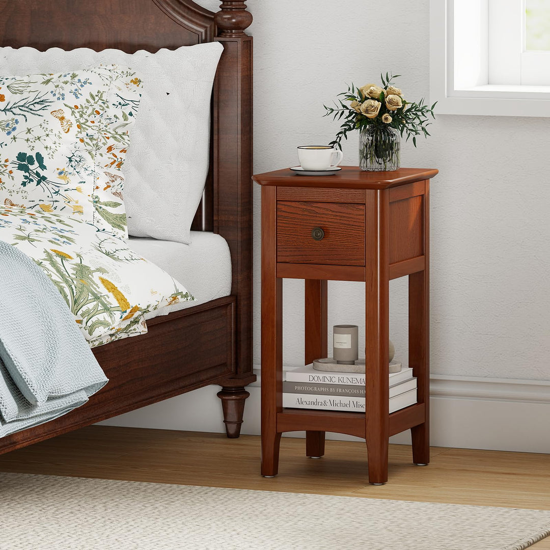 Giantex Narrow End Table with Drawer 23.5" H Side Table w/Open Storage Shelf &amp; Solid Wood Frame