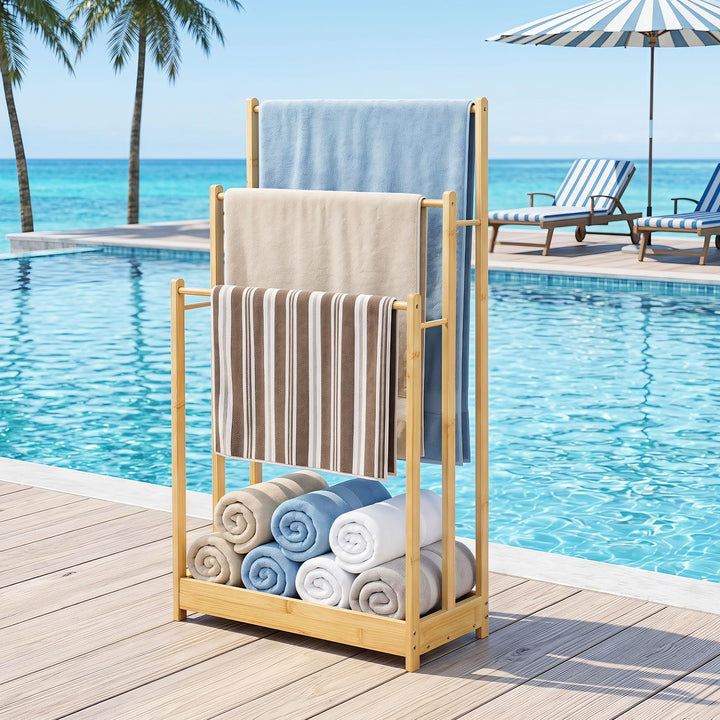 Giantex 3 Tier Free Standing Bamboo Towel Rack with Storage Shelf