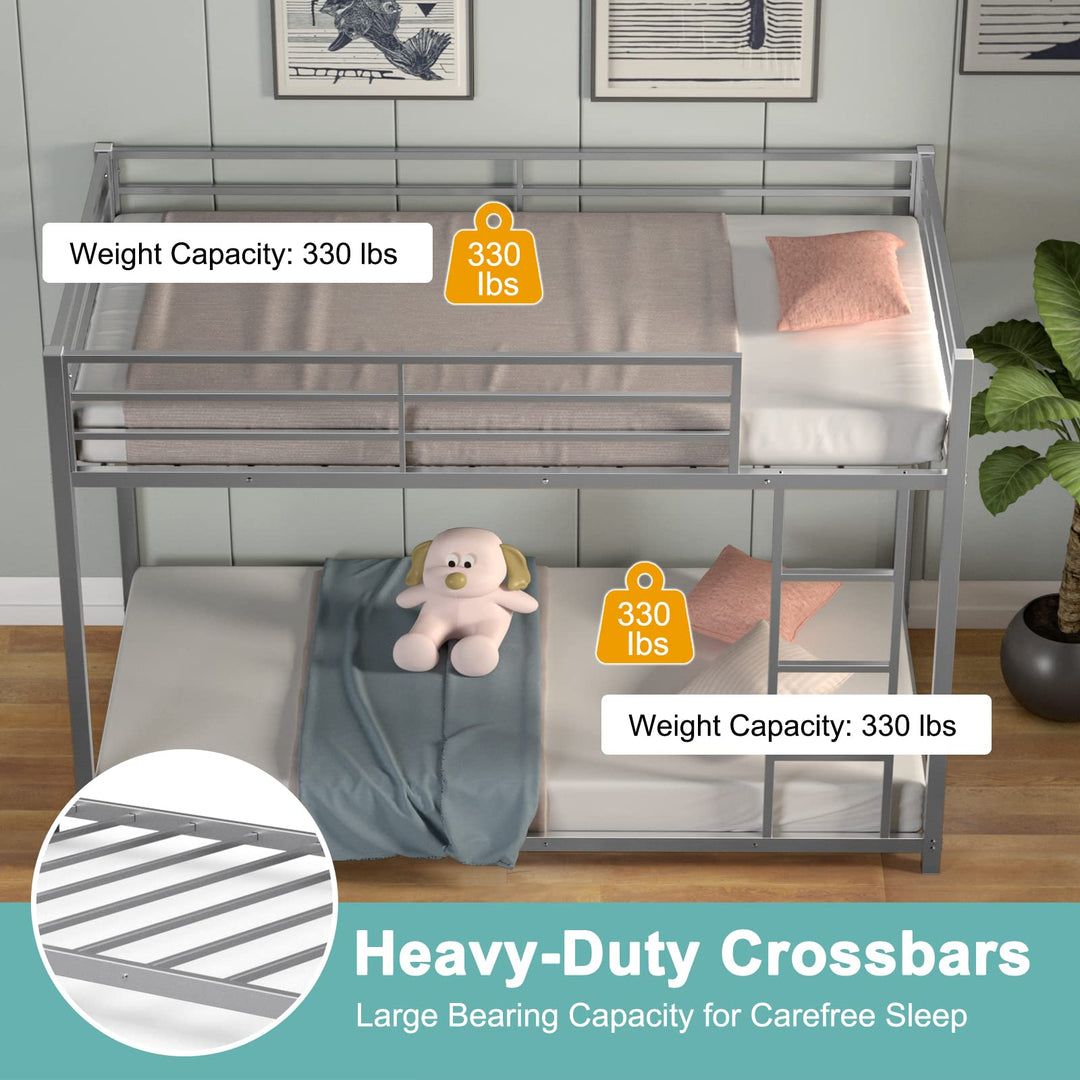Giantex Metal Bunk Bed Twin Over Twin, Low Profile Bunk Bed Frame with Ladder &amp; Full Length Guardrail