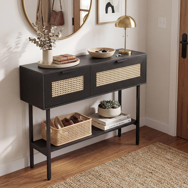 Giantex Rattan Console Table Boho Entryway Table with 2 Storage Cabinets