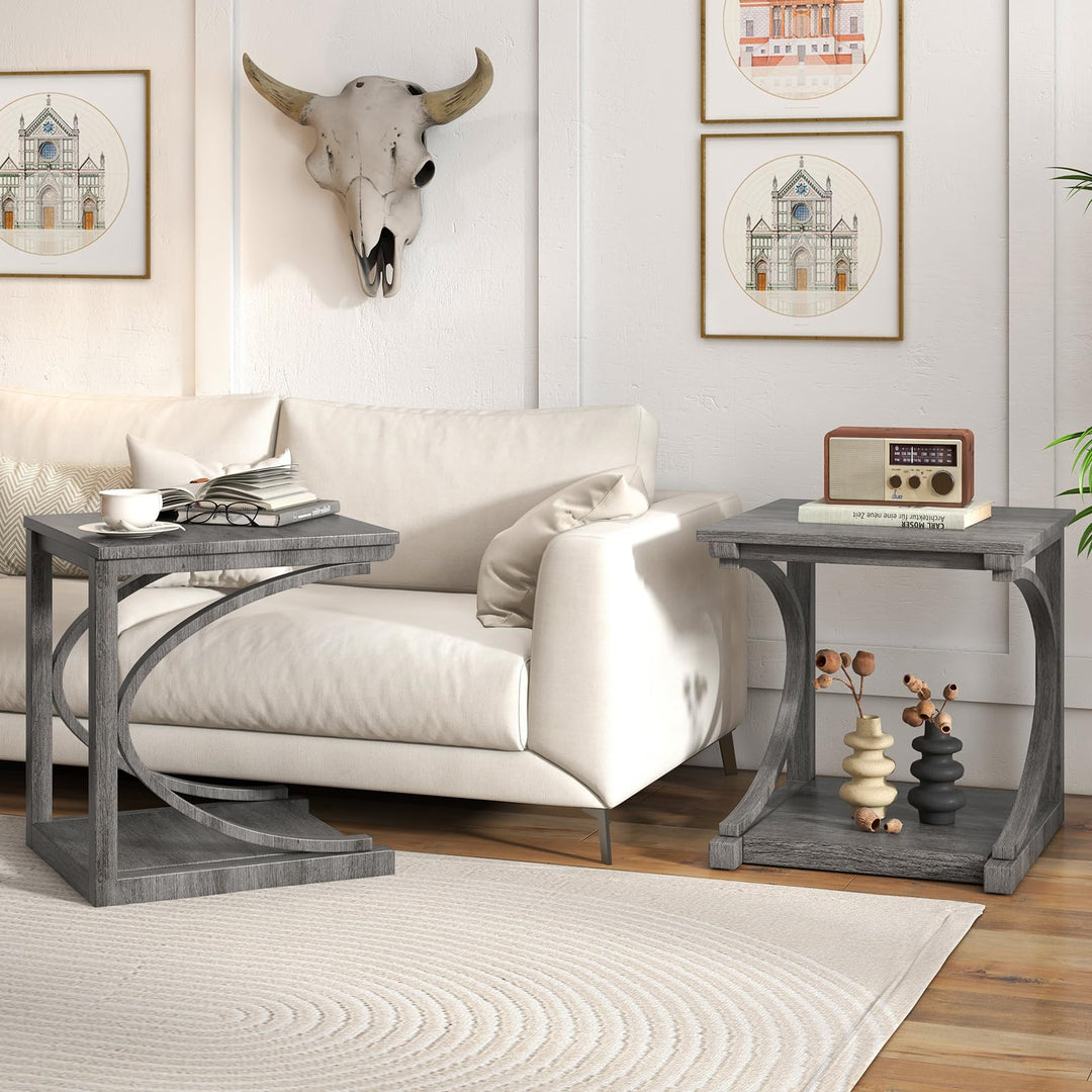 Giantex C-Shaped End Table, 24" Square Couch Table with Bottom Storage Shelf &amp; Solid Rubber Wood Frame