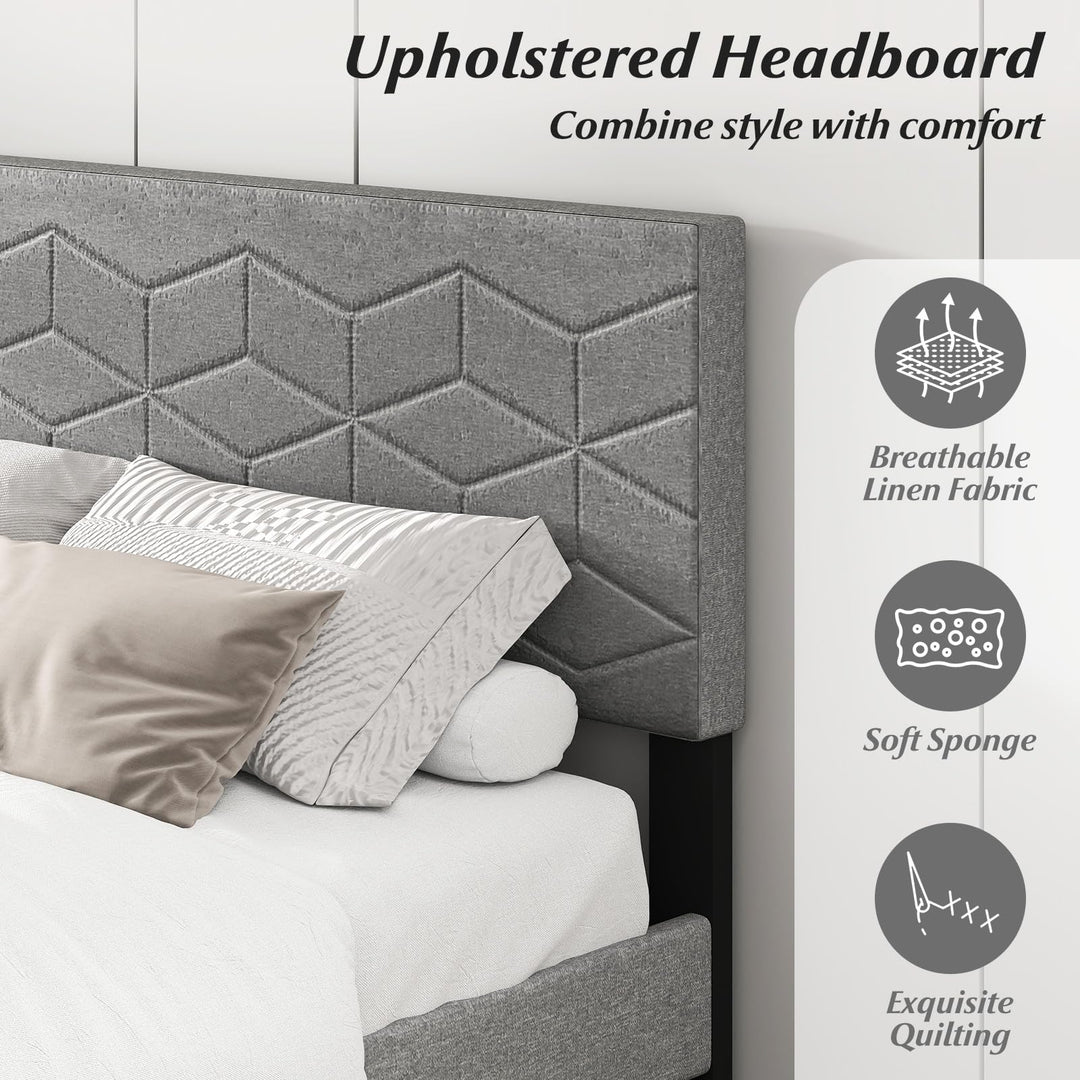 Giantex Queen/Full/Twin Size Upholstered Bed Frame Modern Platform Bed with Linen Fabric Geometric Headboard