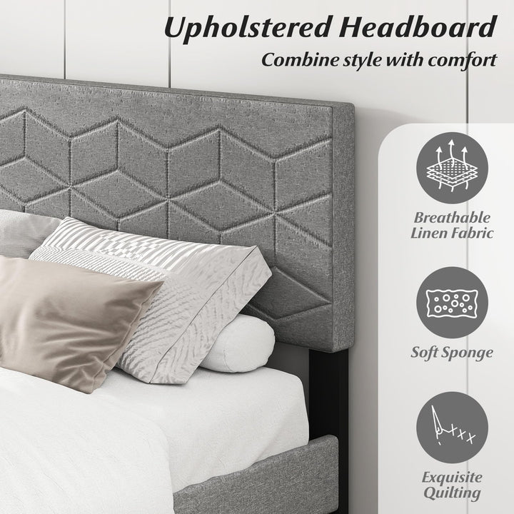 Giantex Queen/Full/Twin Size Upholstered Bed Frame Modern Platform Bed with Linen Fabric Geometric Headboard