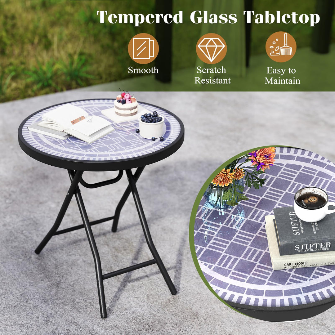 Giantex Folding Outdoor Side Table - 18” Round End Table with Tempered Glass Tabletop &amp; Metal Frame