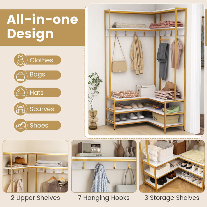 Giantex Corner Coat Rack with Shoe Bench, L-shaped Garment Rack with 5 Shelves &amp; 7 Hooks